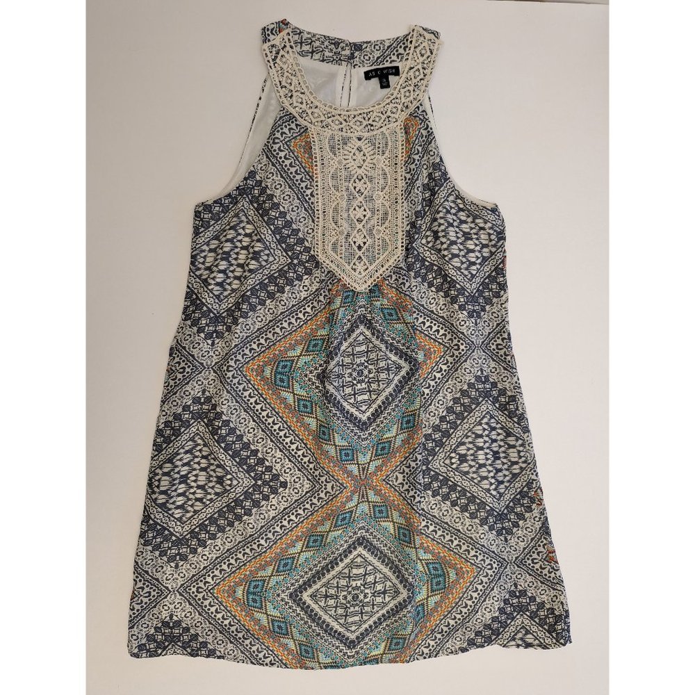 As U Wish Lined Multicolored Tank Dress Lace Accent Boho Size Women's Medium